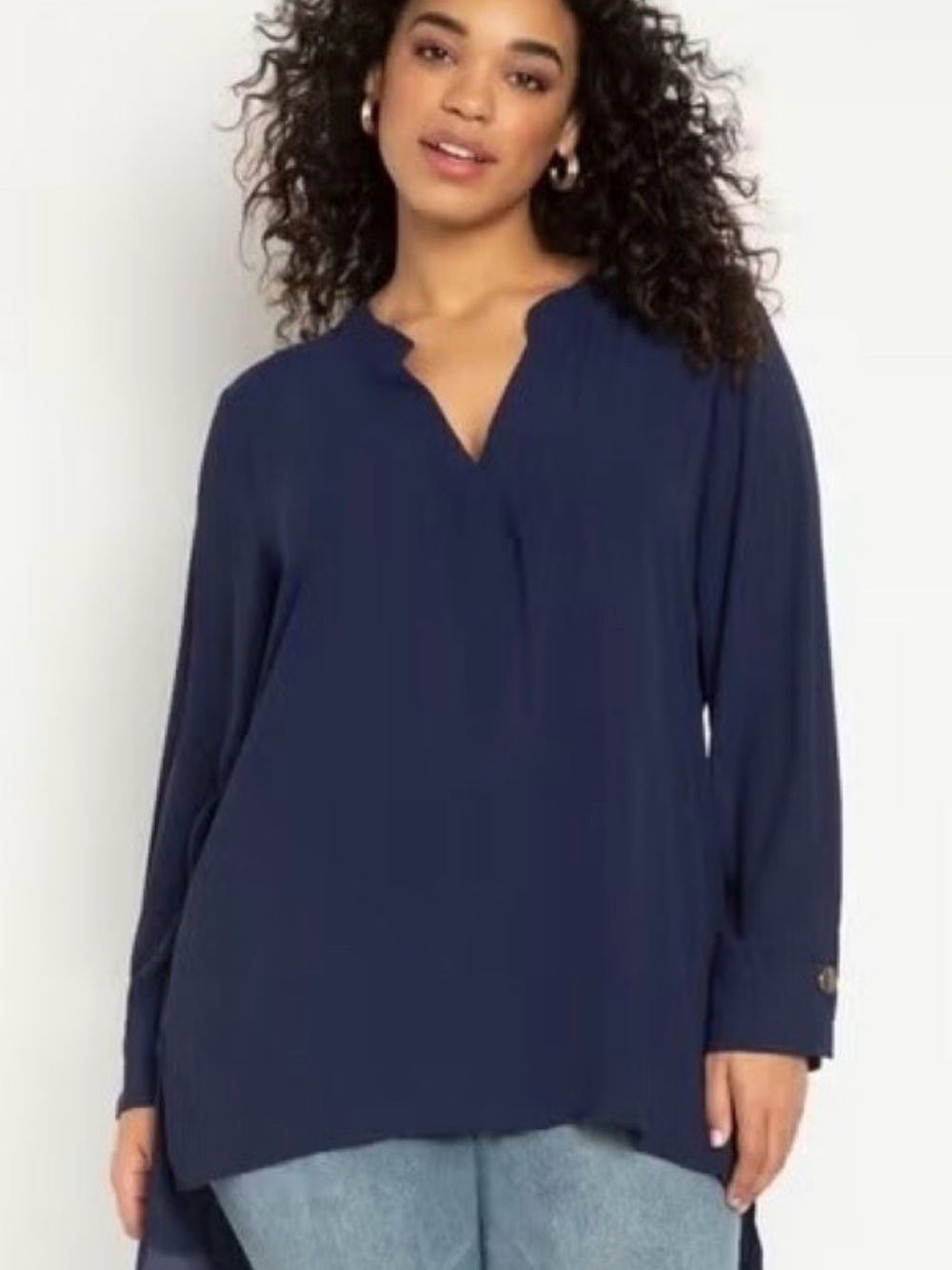 ELOQUII Navy Women's Plus Size Georgette Mandarin Collar Tunic Sz 24